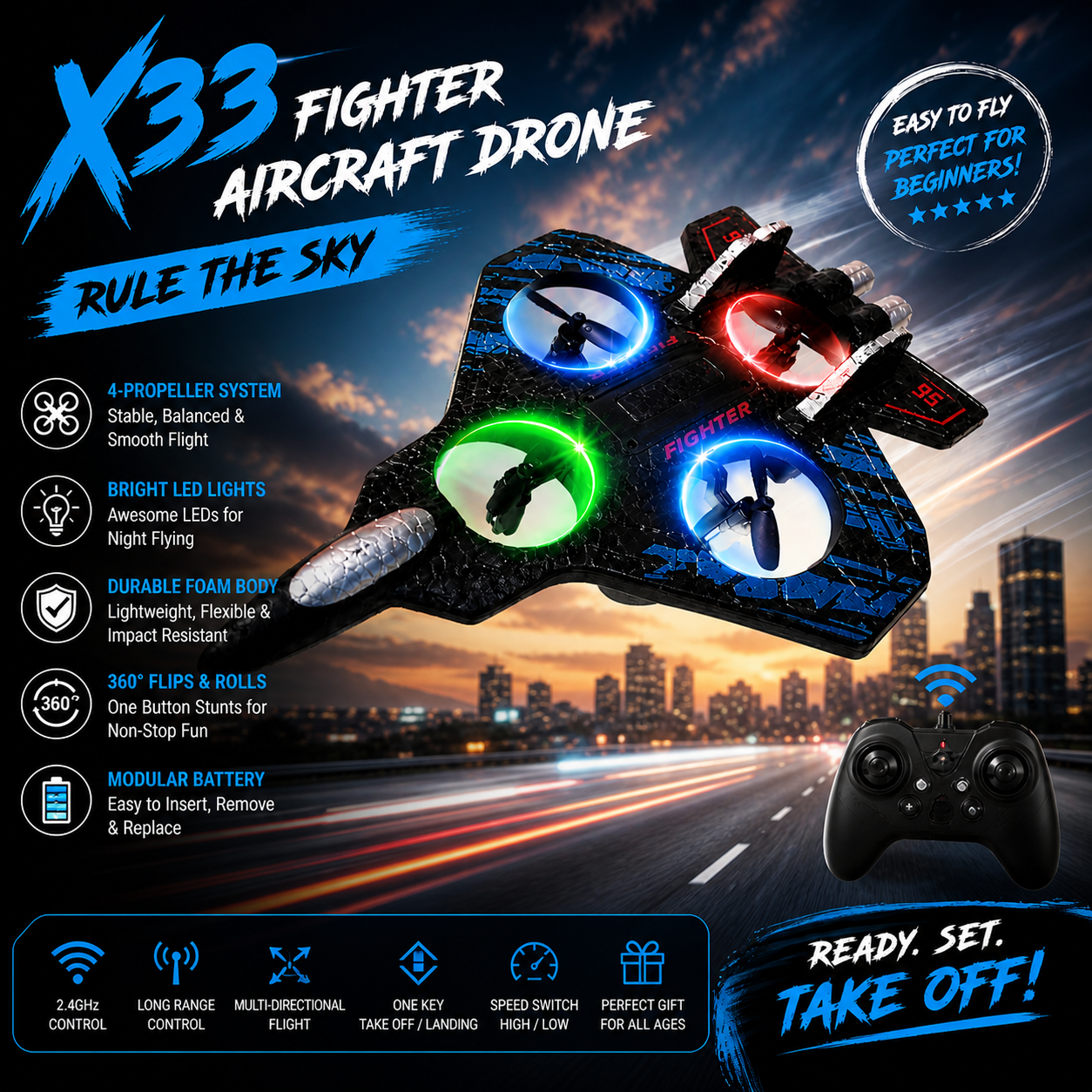 X33 Fighter Aircraft Drone - Remote Control Quadcopter